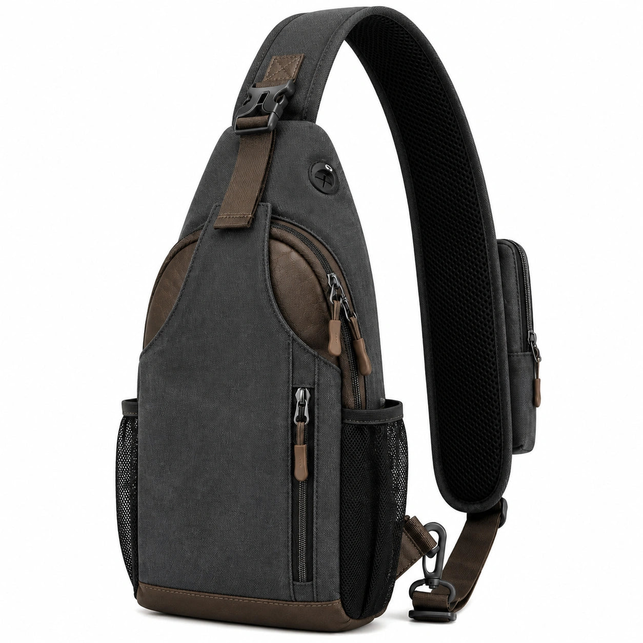 Borsa a tracolla 18 x 8 x 32 cm in tessuto nero e marrone con tasche multiple