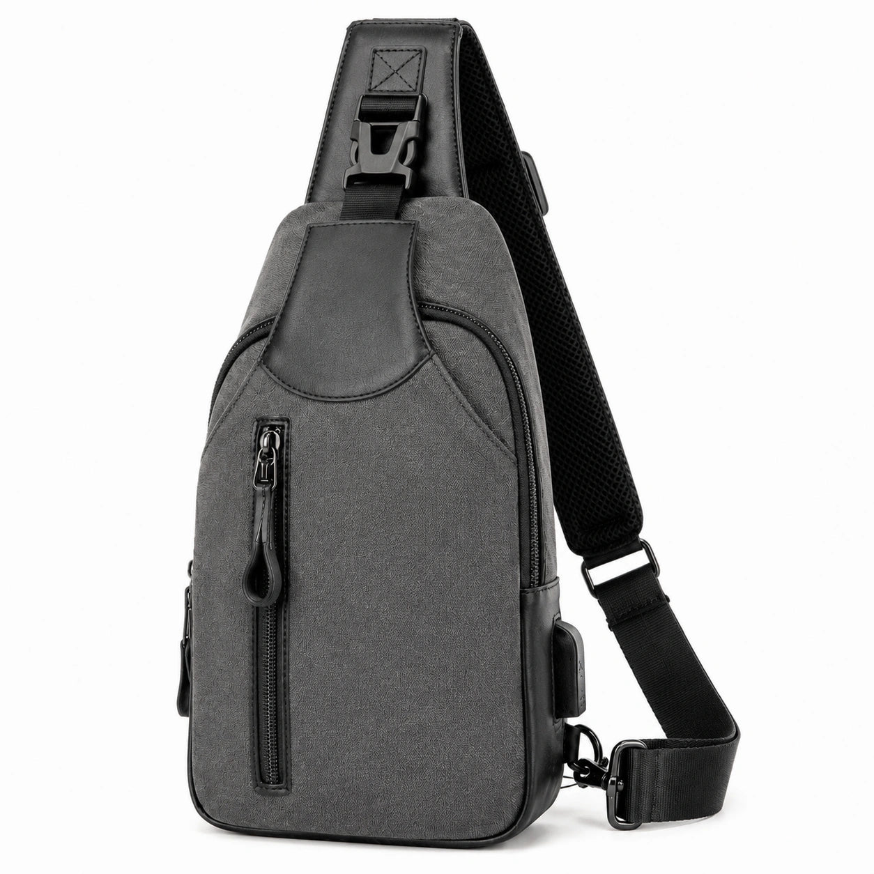 Borsa a tracolla 31x18x8 cm in materiale sintetico grigio scuro e nero con tasche zip per uso urbano