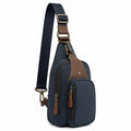 Borsa a tracolla 18 x 8 x 32 cm in tessuto sintetico blu navy e marrone con tasche zip stile urbano