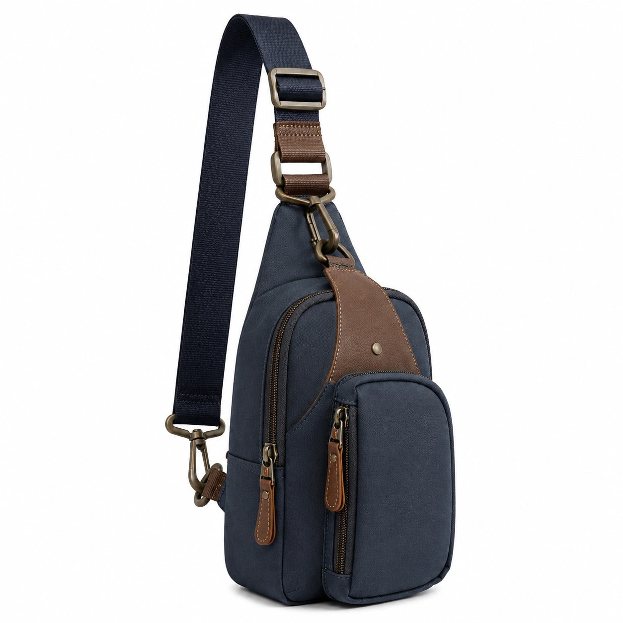 Borsa a tracolla 18 x 8 x 32 cm in tessuto sintetico blu navy e marrone con tasche zip stile urbano