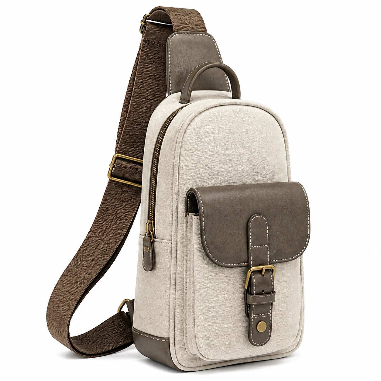 Borsa a tracolla compatta 18 x 8 x 32 cm in pelle sintetica beige e marrone con tasche e chiusura a zip