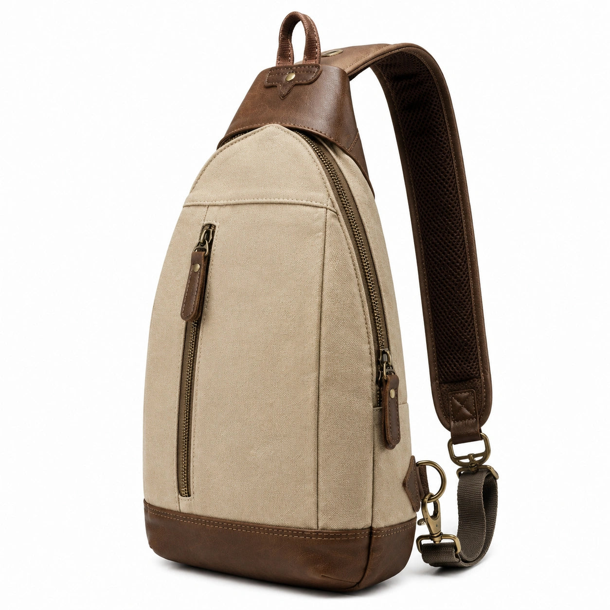Borsa monospalla 30 x 18 x 8 cm in tessuto beige e similpelle marrone con tasche zip
