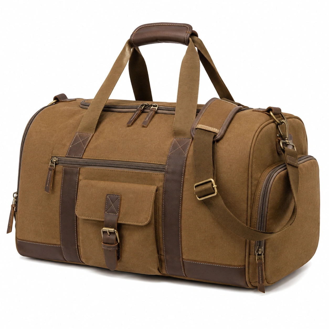 Borsone da viaggio 50 x 25 x 30 cm in tela marrone con dettagli effetto pelle stile vintage