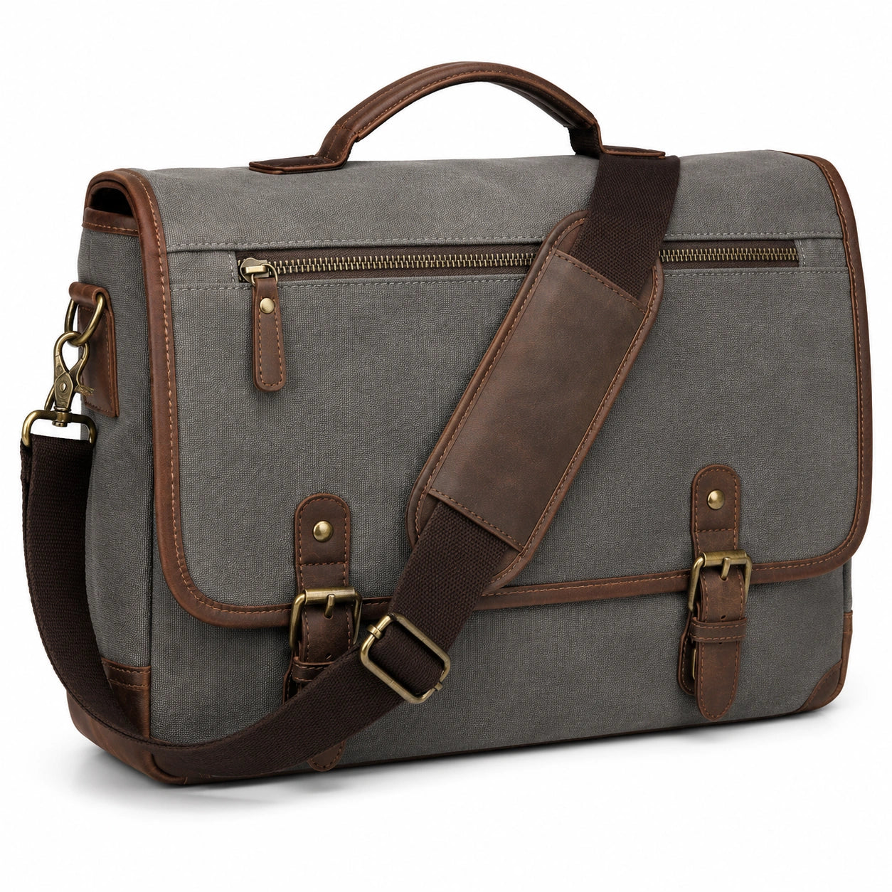 Borsa messenger 40 x 12 x 30 cm in tessuto grigio e similpelle marrone per documenti stile vintage