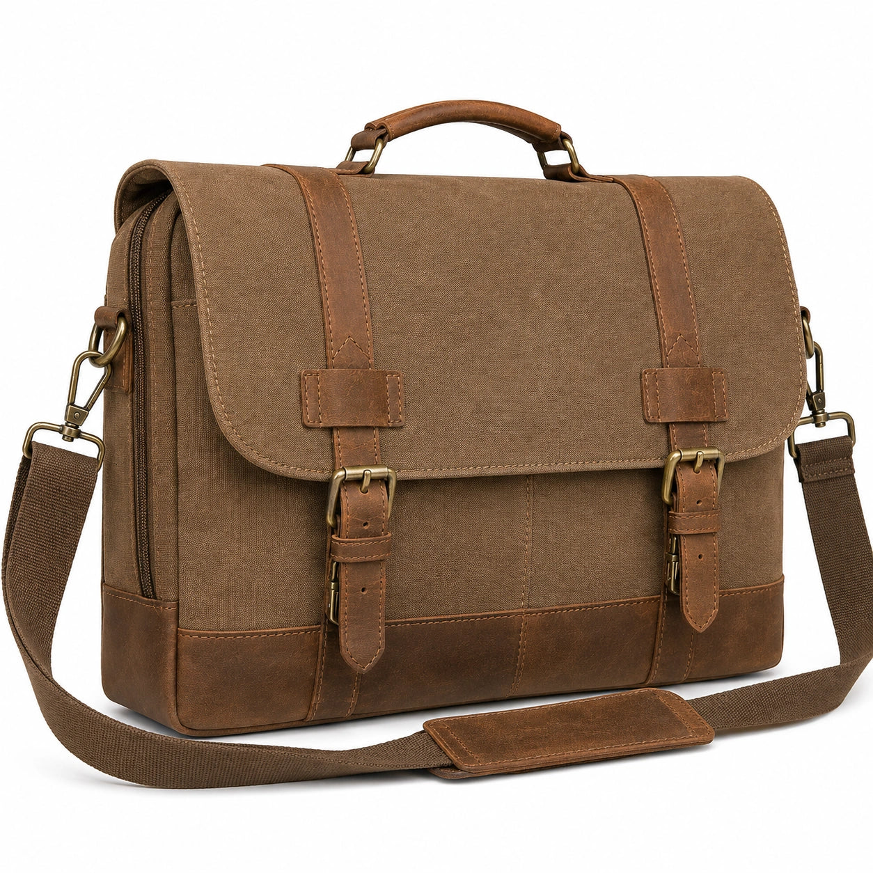 Borsa messenger 40 x 12 x 30 cm in tela marrone con finiture effetto pelle per lavoro e viaggio