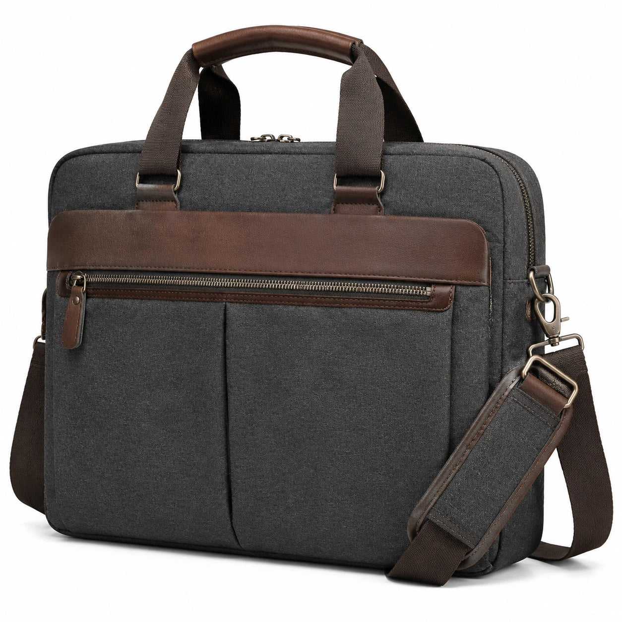 Borsa portadocumenti 40 x 8 x 30 cm in tessuto grigio antracite e similpelle marrone per laptop con tracolla