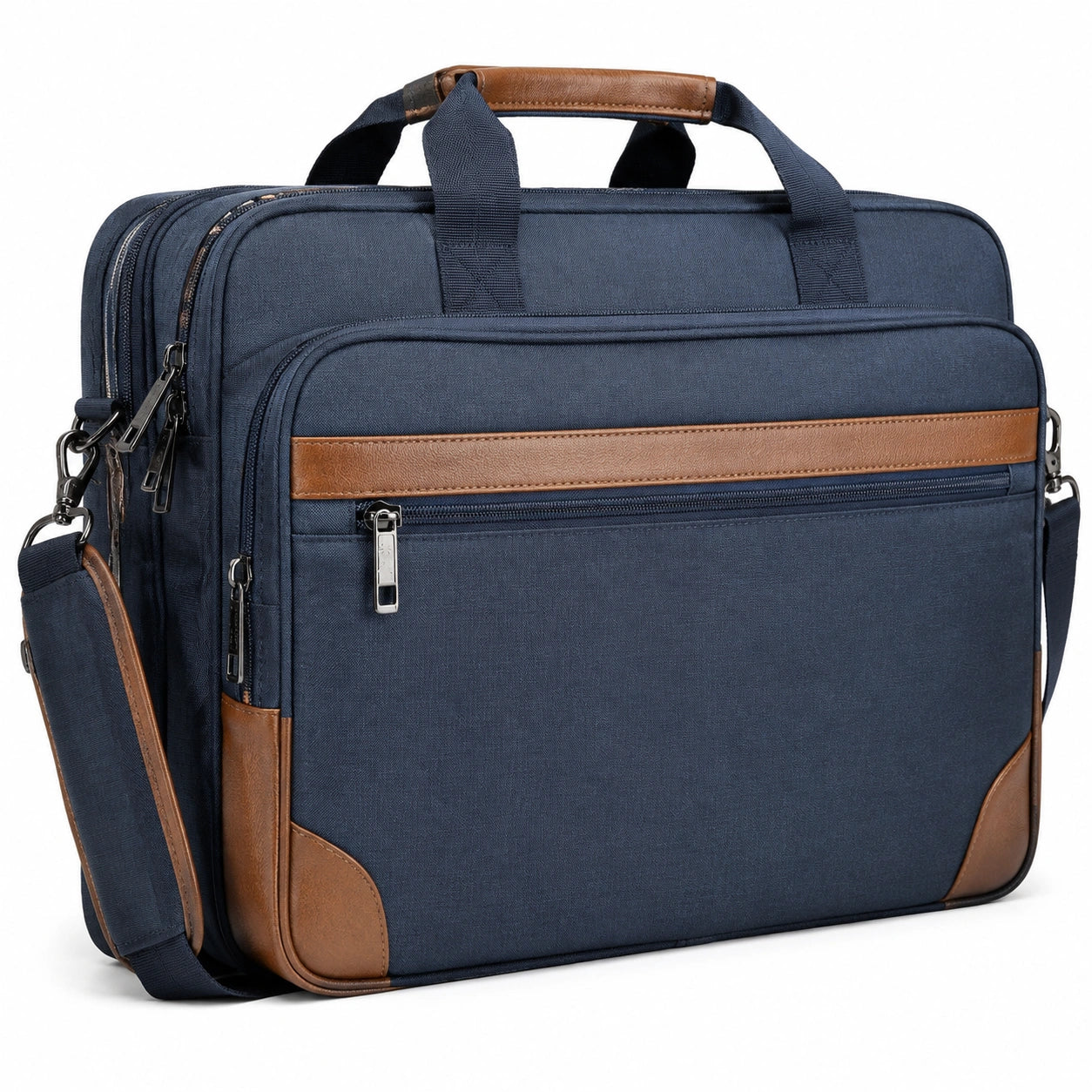 Borsa portadocumenti 42 x 32 x 12 cm in tessuto blu navy con finiture marroni per laptop e ufficio