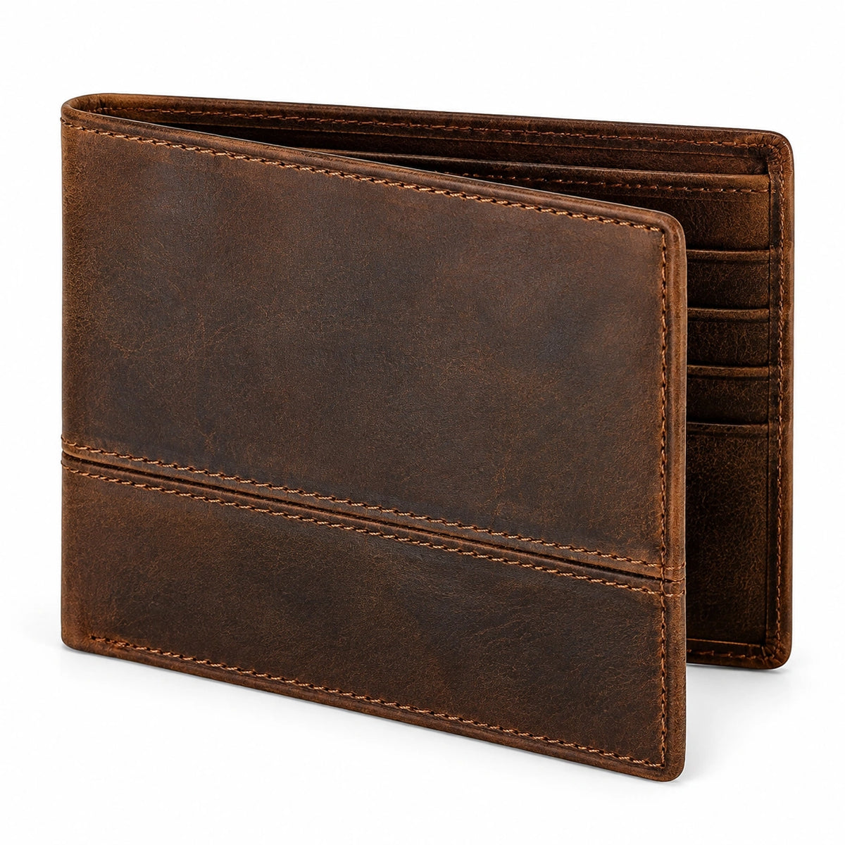 Portafoglio bifold 12 x 9.5 x 1.5 cm in pelle marrone con scomparti per carte