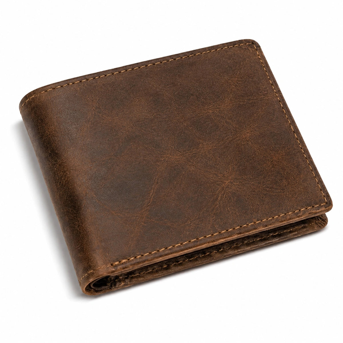 Portafoglio pieghevole 12 x 10 x 2 cm in pelle marrone con cuciture a vista