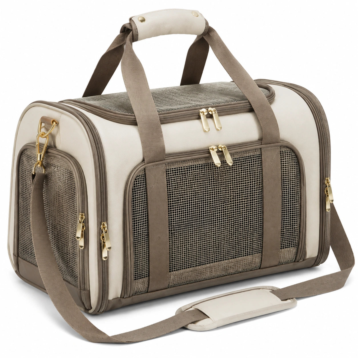 Trasportino per animali 45 x 28 x 30 cm in tessuto beige e marrone con rete e tracolla