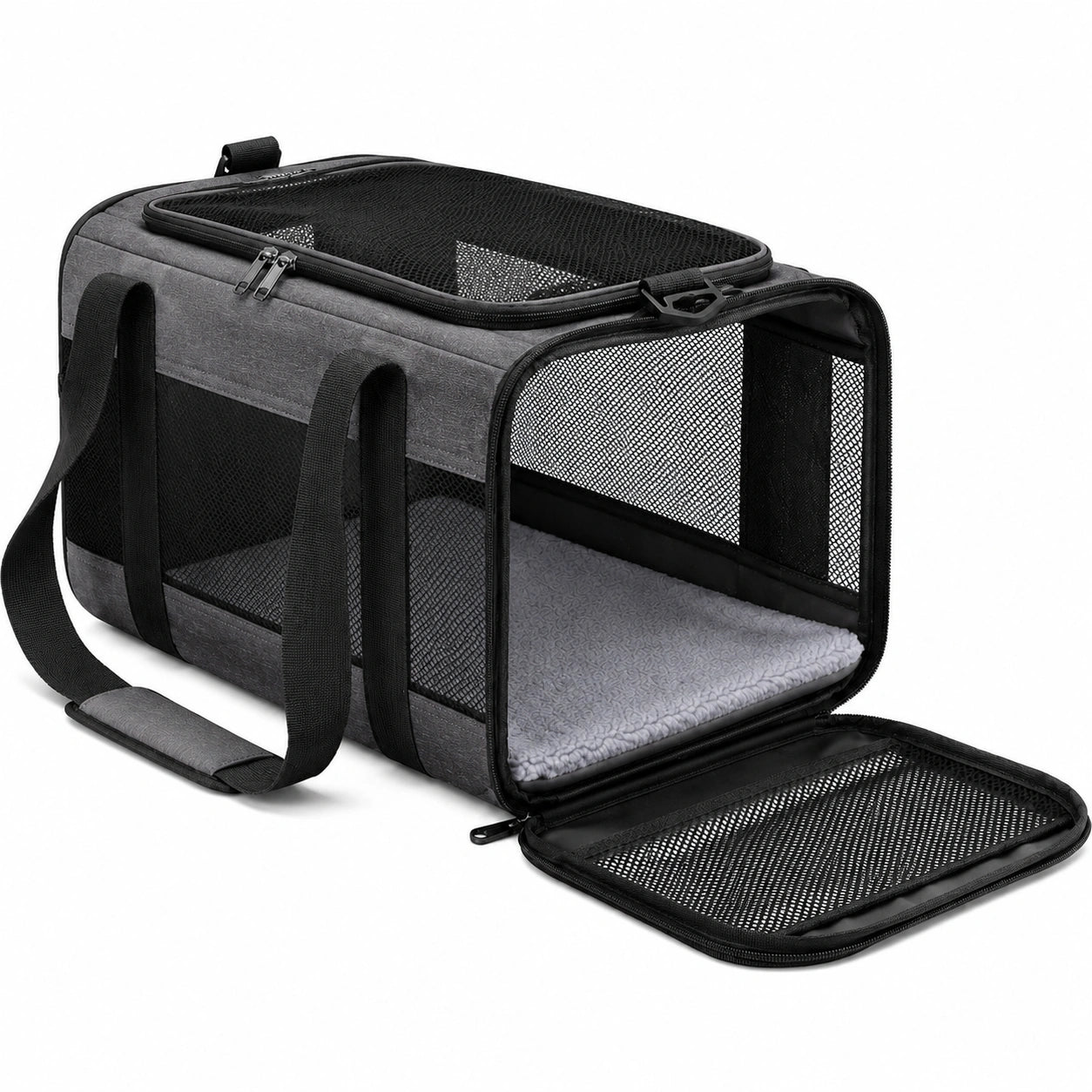 Trasportino per animali 45 x 28 x 28 cm in tessuto e rete grigio nero con apertura frontale