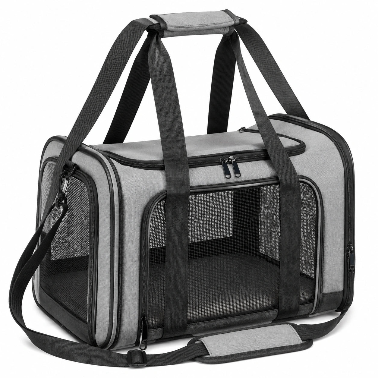 Borsa trasportino per animali 50 x 30 x 30 cm in tessuto grigio e rete nera con tracolla
