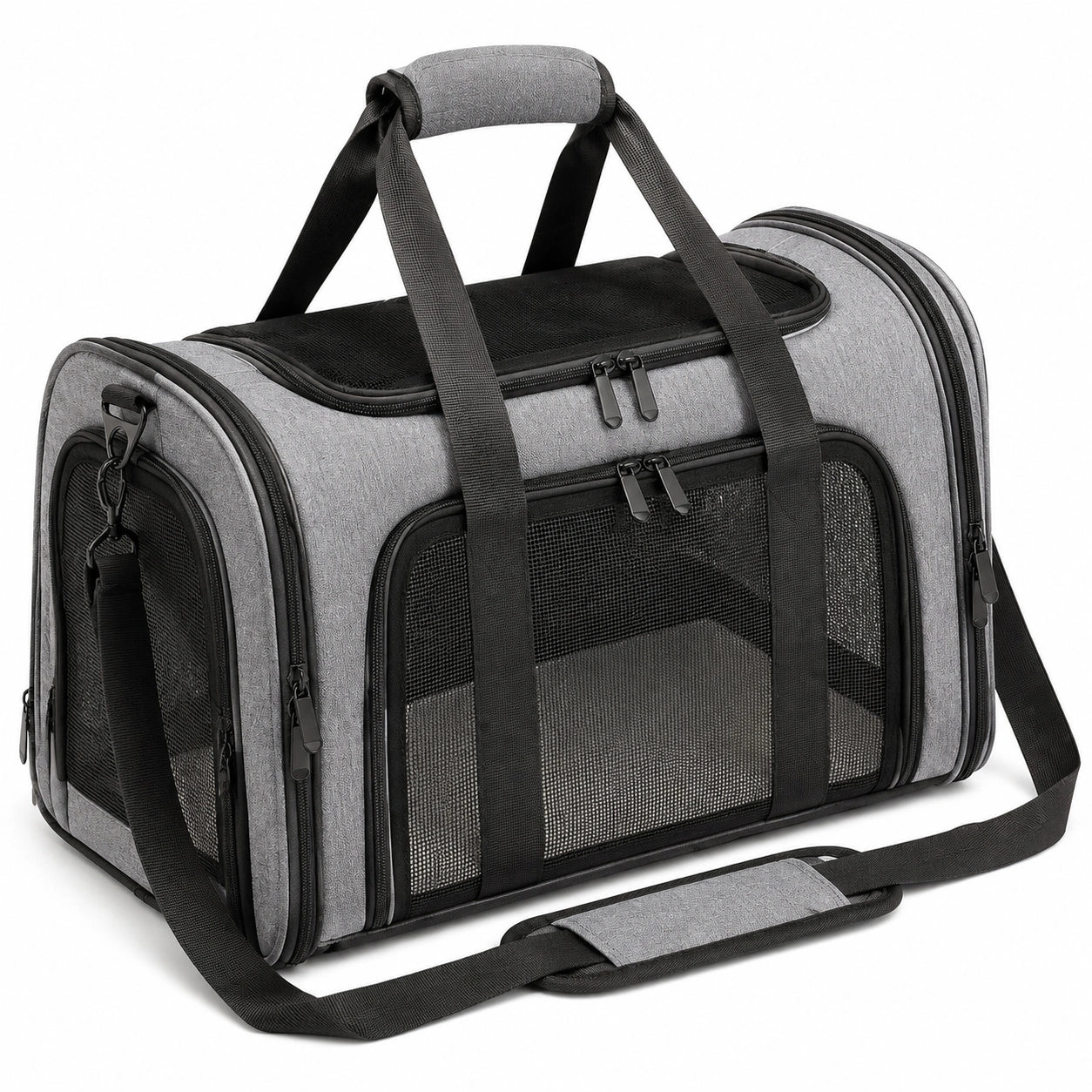 Borsa trasportino per animali 50 x 28 x 30 cm in poliestere grigio e nero con rete ventilata