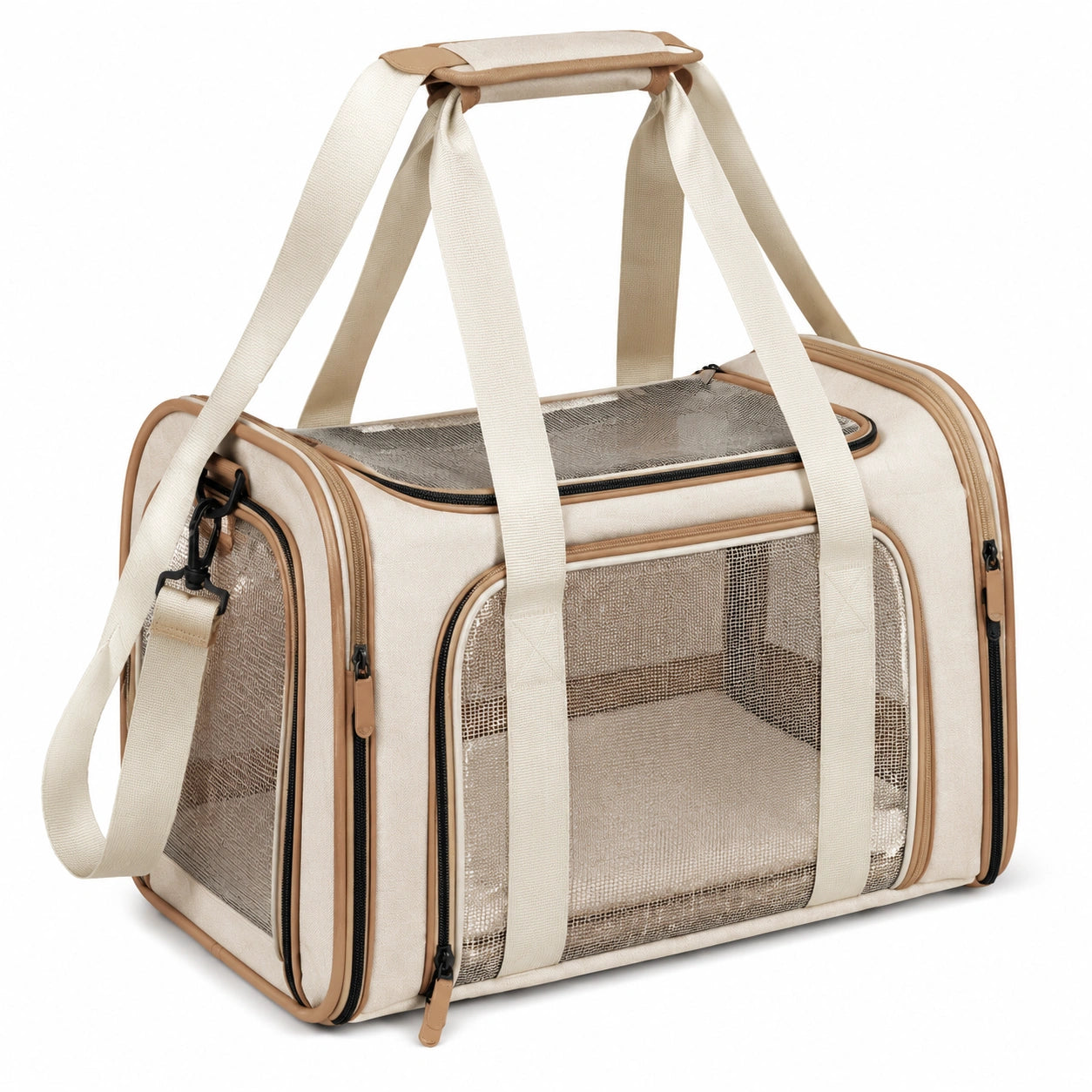 Trasportino per animali 45 x 28 x 30 cm in tessuto e rete beige - borsa pieghevole con tracolla