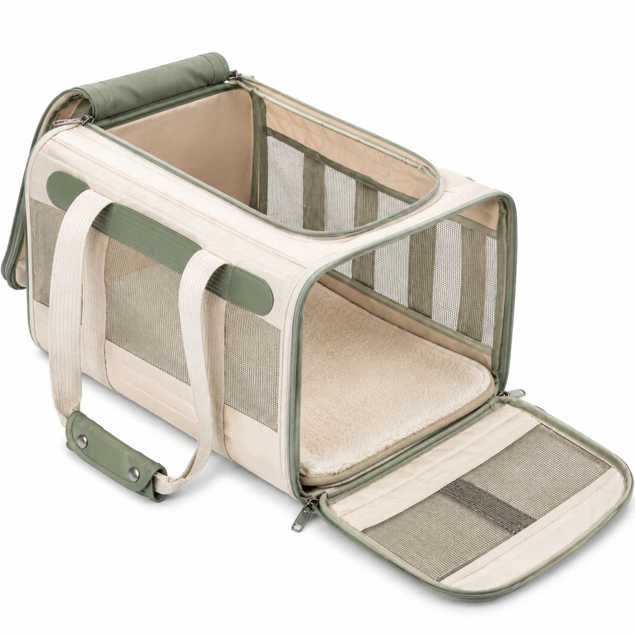 Trasportino per animali 45 x 28 x 28 cm in tessuto beige e verde con rete e apertura frontale