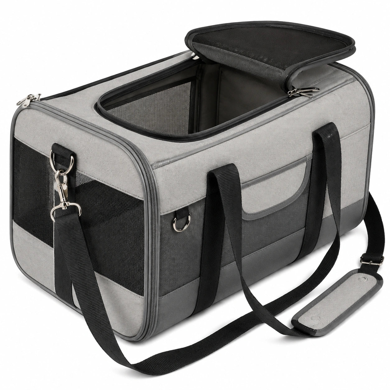 Borsa trasportino per animali 45 x 28 x 28 cm in tessuto grigio e nero con rete traspirante