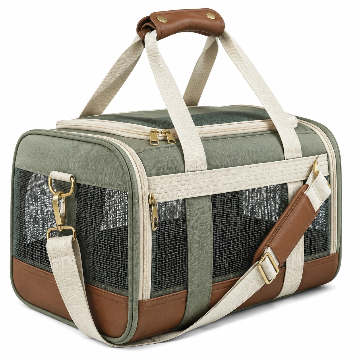 Trasportino per animali 45 x 28 x 30 cm verde marrone in tessuto con rete e tracolla regolabile