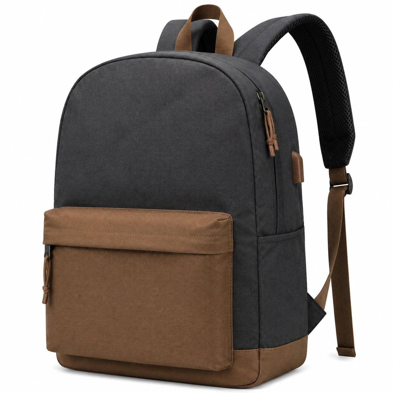 Zaino 30 x 14 x 42 cm in tessuto nero e marrone con tasche e spallacci imbottiti