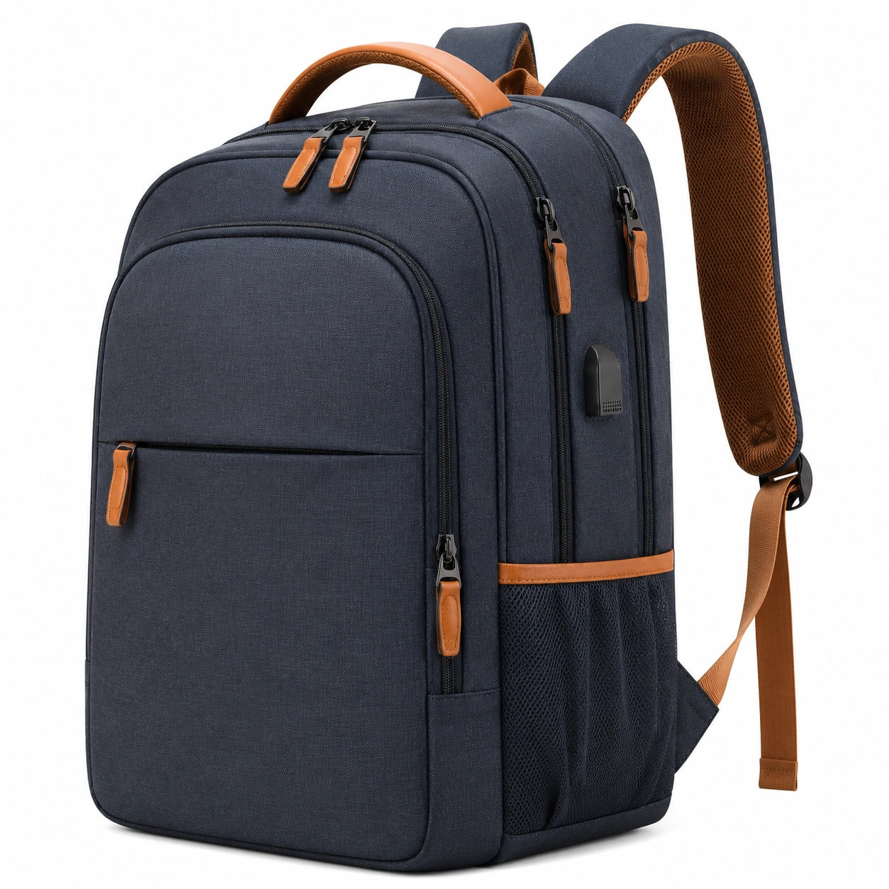 Zaino 30 x 16 x 45 cm in tessuto blu navy con dettagli marroni per lavoro e viaggio
